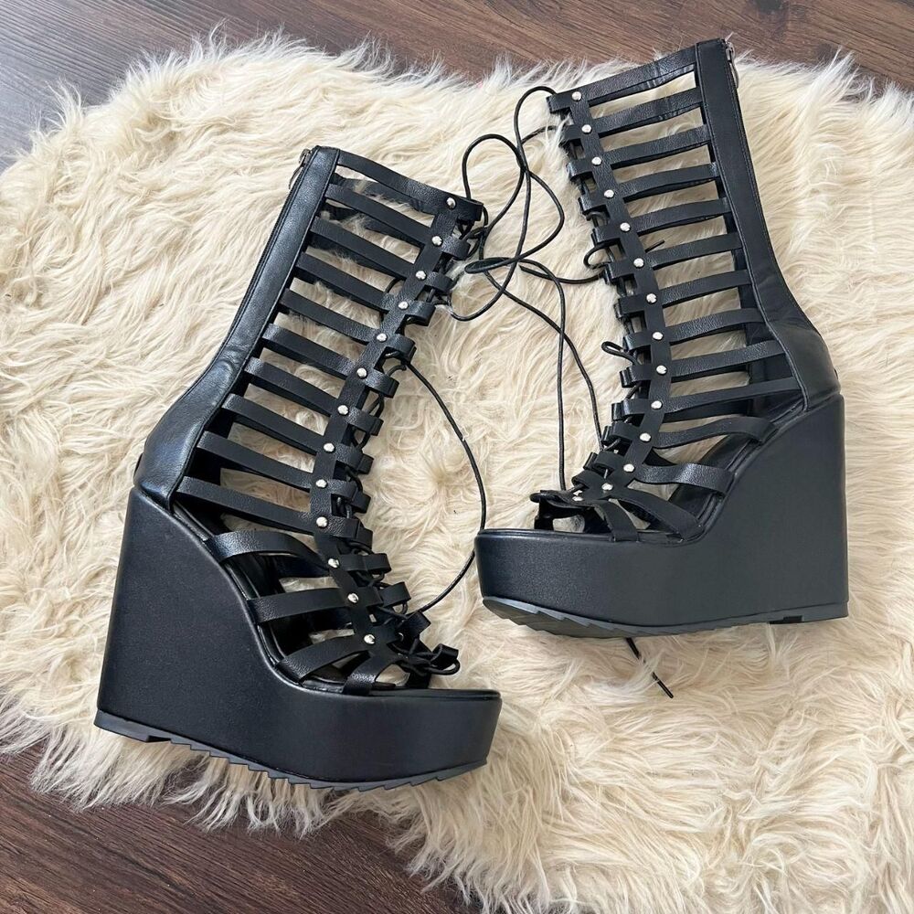Chunky Black Faux Leather Platform Gothic Lace Up Gladiator Heels EU 42 US 10.5